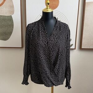 3/$10 Adrianna Papell Black and Cream Patterned Long Sleeve Wrap Blouse